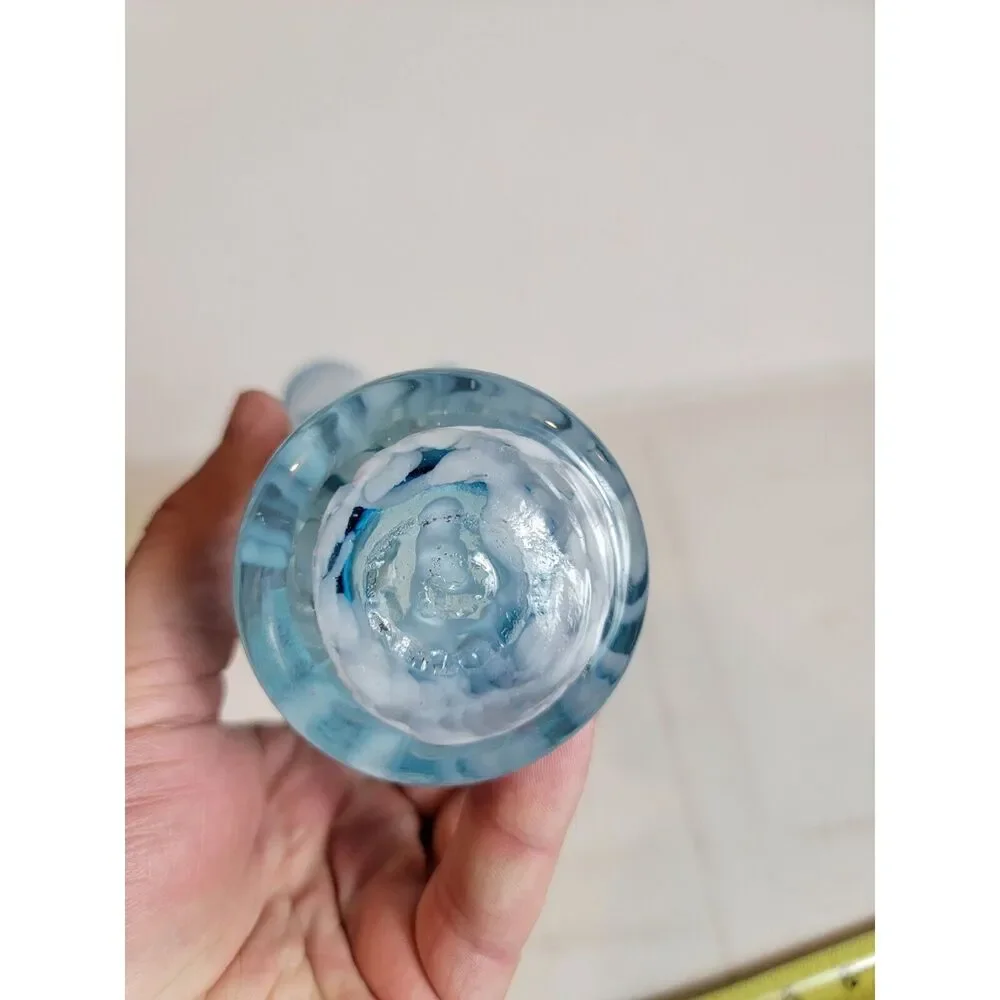 Vintage Hand Blown‎ Art Ruffle Glass Vase Blue Swirl Fluted VTG MCM
